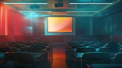 Futuristic university class room with TED talk style lecture in the cinematic and dramatic lighting