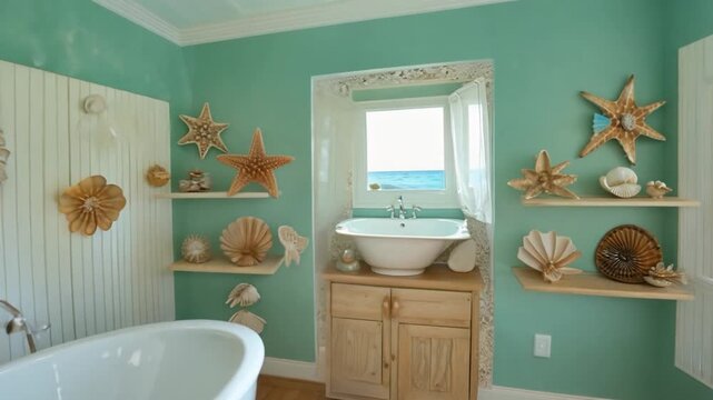 A bathroom with a white sink and seashell decorations, offering a beautiful view of the ocean through wide open windows