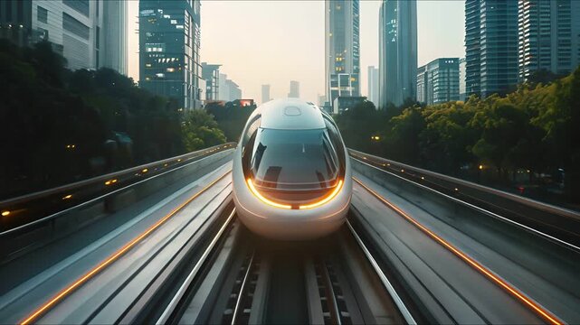 High-speed train network interface, visualizing the seamless integration of maglev technology across an urban landscape