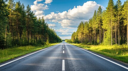 Fototapeta premium A Straight Asphalt Road Through a Lush Green Forest on a Sunny Day