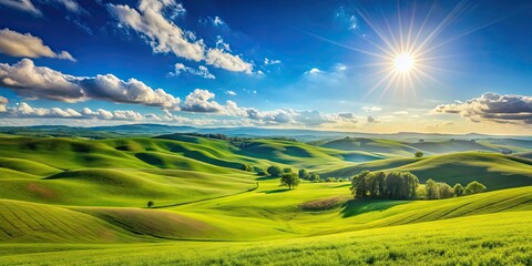 Obraz premium A beautiful landscape with rolling hills and a clear blue sky, nature, scenery, outdoors, panoramic, countryside