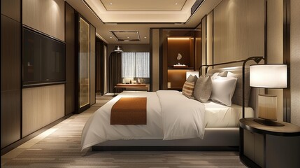 A Modern Hotel Room with a Stunning Window Front View of Majestic Mountains.