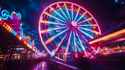 Vibrant long exposure shot of a lit Ferris wheel against the night sky