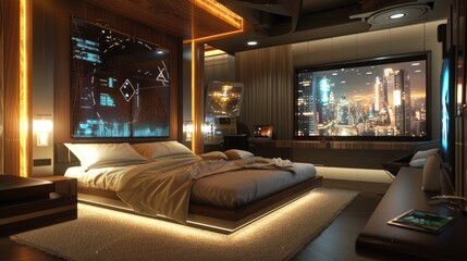Fototapeta premium A Modern Hotel Room with a Stunning Window Front View of Majestic Mountains.