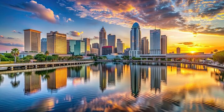 Panoramic view of Summer sunset over Tampa Downtown waterfront skyline, Tampa, Florida, USA, skyline, waterfront, sunset