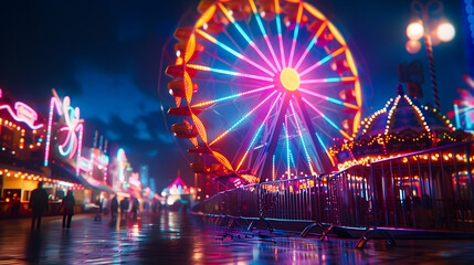 Vibrant long exposure shot of a lit Ferris wheel against the night sky