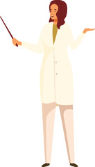 Scientist is standing and holding a pointer stick while explaining something
