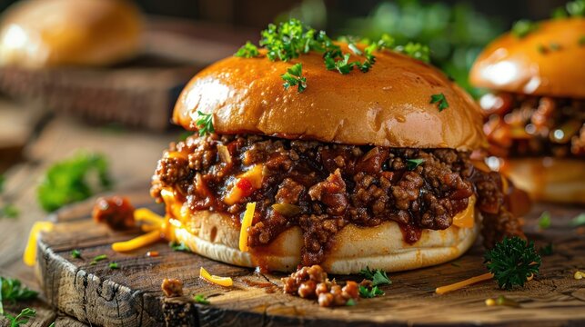 Delicious, sloppy joe loaded cheese burgers on wooden board with garnish and pickles for presentation.