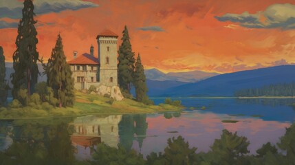 Landscape painting tree lake. © Rawpixel.com