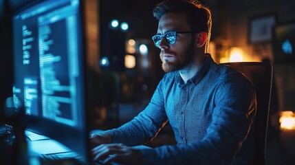 Fototapeta premium The Code Whisperer: A focused programmer, illuminated by the blue glow of his monitor, diligently works late into the night, his dedication to coding shining through in this captivating image. 