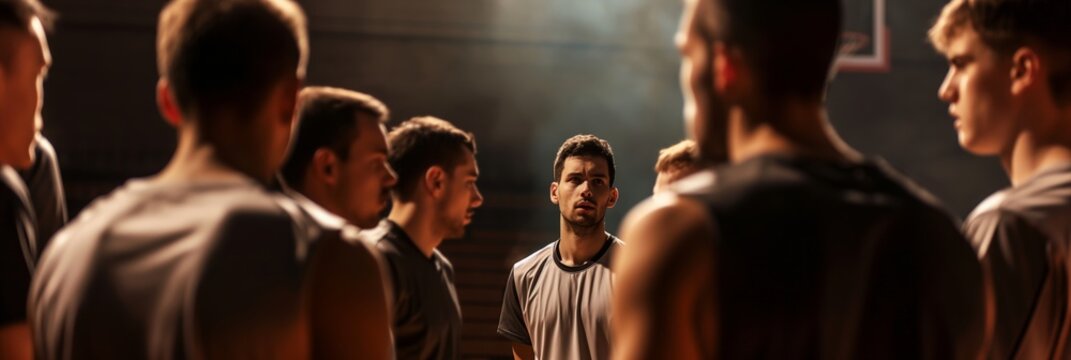 A basketball team gathers in a huddle inside a court, attentively listening to their coach, emphasizing teamwork and strategy.