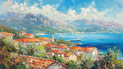 Fototapeta premium Coastal Village with Mountains and Sailboat