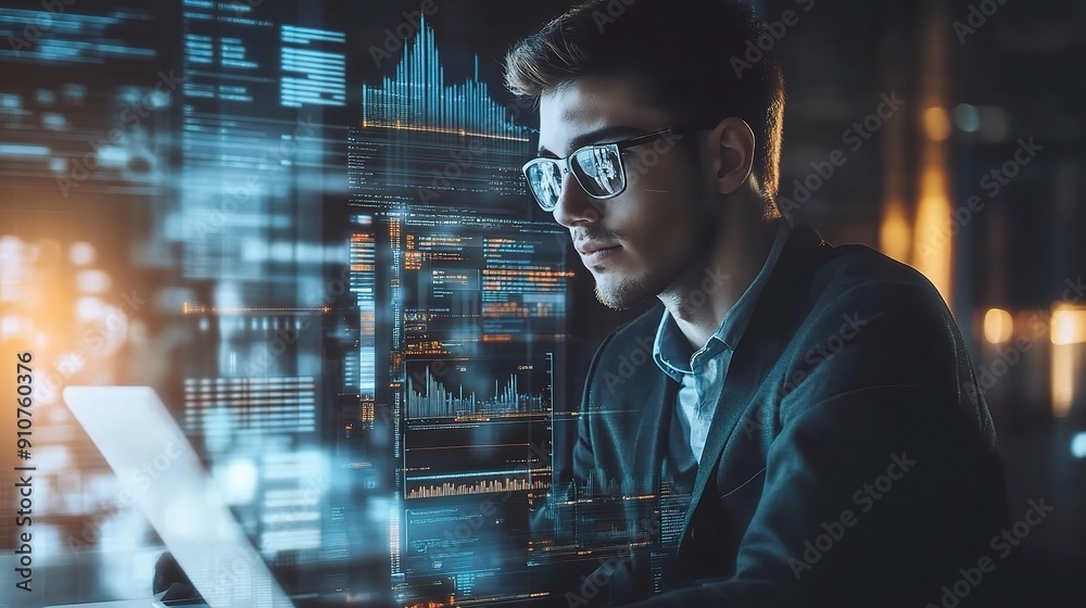 Poster focused on the code: a young, tech-savvy programmer intently analyzes lines of code on his laptop, s