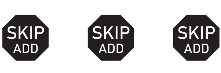 Skip Ad vector button set. Skipping ads buttons icons. Comercial control icon set.