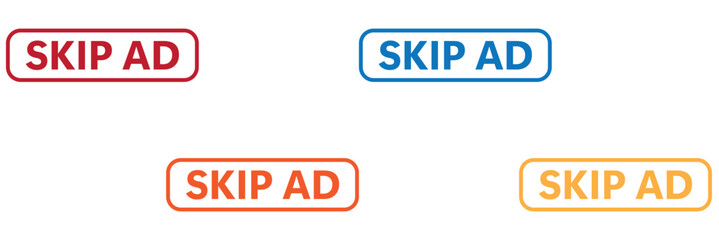 Skip Ad vector button set. Skipping ads buttons icons. Comercial control icon set.