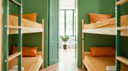 A hostel dorm room with bunk beds and shared spaces, illustrating the budget friendly and social aspects of hostel accommodations.