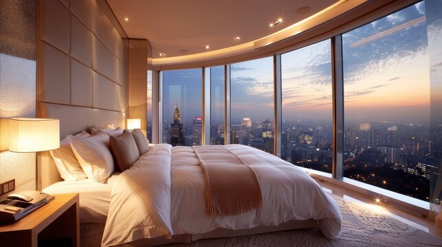 A luxurious hotel room with a breathtaking view, showcasing the comfort and amenities offered by upscale accommodations.