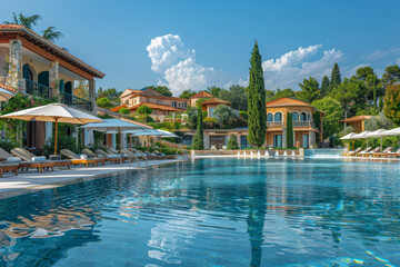 Luxury resort swimming pool at Chohobe in Greece with fountains, surrounded by villas and gardens, featuring lounge chairs, umbrellas, and an open-air bar.