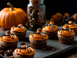 Baking pumpkin spice cupcakes with creepy crawly fondant toppers.