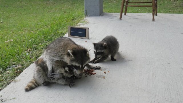 Raccoon mother and children eat. Mother raccoon fights with babies.