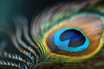 Obraz premium 8K resolution close-up of a peacock feather, iridescent blues and greens shimmering, minute barbules in tack-sharp focus, exquisite detail of eye pattern, high dynamic range,