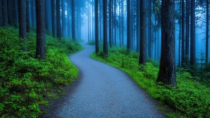 Fototapeta premium Misty forest path illuminated by the first light of day, creating a peaceful and contemplative atmosphere
