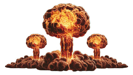 set of nuclear explosions and mushroom cloud isolated on white background.