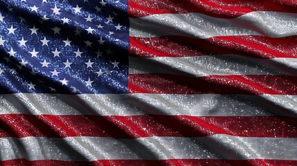An artistic close-up of the American flag, showcasing the vibrant colors and detailed texture of the fabric, with light reflecting off the waves.