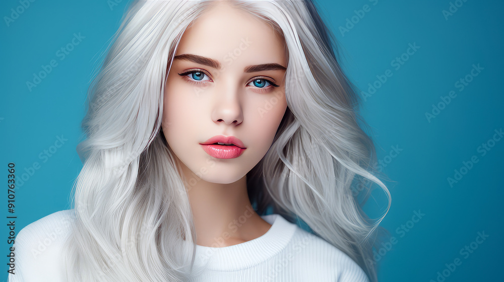 Wall mural Portrait of a serious aggressive blonde teenage girl with white long hair with perfect skin, blue background, banner.