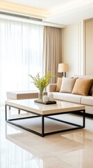 Fototapeta premium Spacious living area with elegant furniture, neutral decor, and open layout, Modern Living Room, Inviting Space