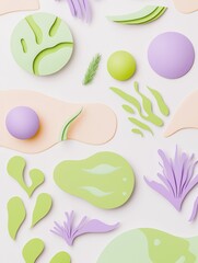 Softly Lit Minimalist Illustration with Purple and Green Shapes on White Background