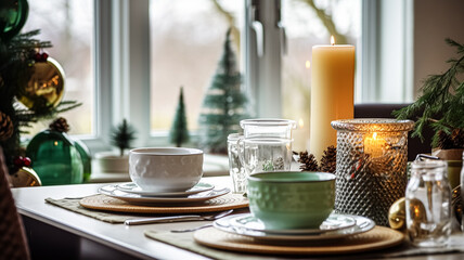 Fototapeta premium Christmas holiday family breakfast, table setting decor and festive tablescape, English country and home styling inspiration
