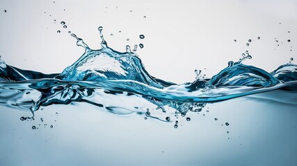 Crystal-clear water droplets dance in dynamic splash, isolated on pristine white backdrop
