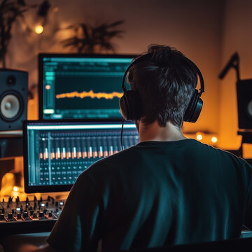 Independent musician in home music studio using a DAW. Artist is wearing headphones and looking at composition on the screen.