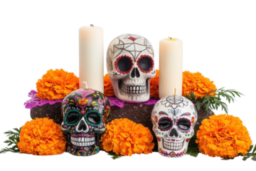 Colorful sugar skulls adorned with marigolds and candles, celebrating the vibrant tradition of Dia de los Muertos.