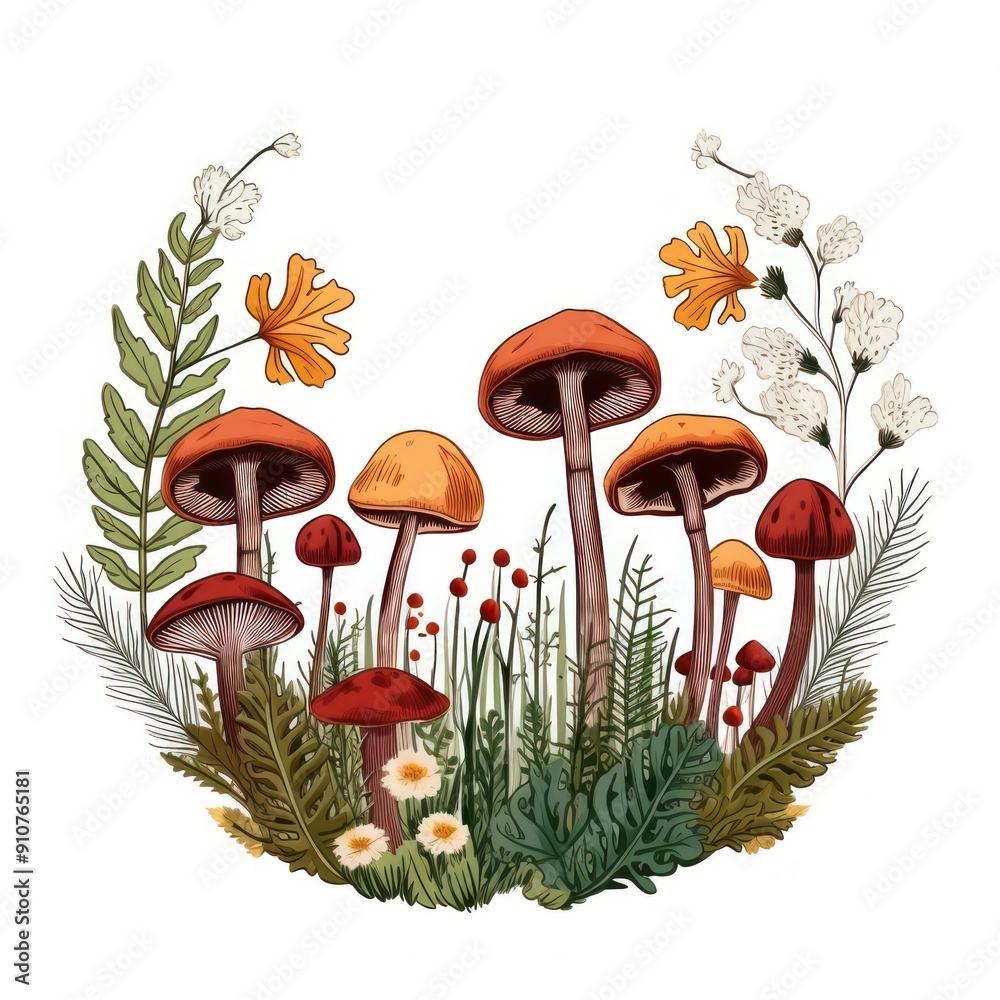 Sticker Mushroom forest drawing fungus agaric.