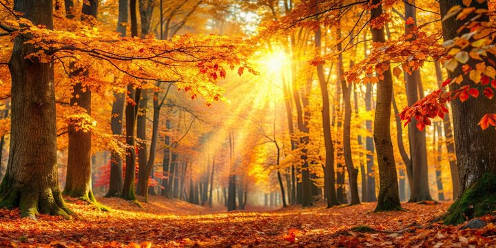 Autumn forest background with vibrant leaves and golden sunlight filtering through the trees, autumn, forest, background