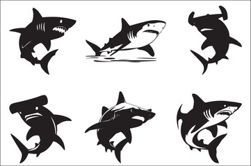 shark silhouette vector Bundle illustration. Different kind of sharks set. 