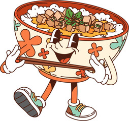 Cartoon groovy oyakodon donburi character. Isolated vector vibrant and playful bowl holding chopsticks and appears happy, conveying fun and cheerful vibe, inviting to indulge traditional Japanese meal