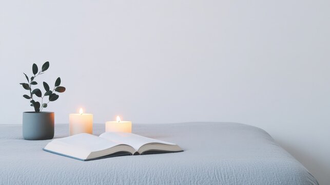 Warm Sunday evening with soft candlelight and a good book, isolated background