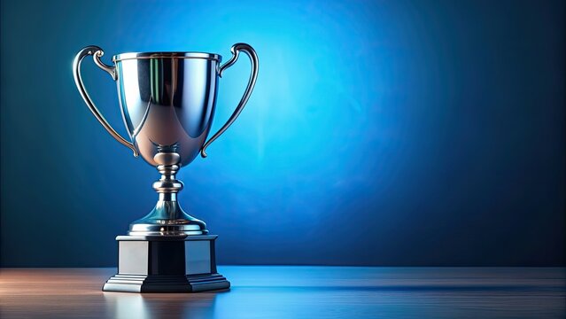 Silver trophy placed elegantly on a blue table, silver, trophy, award, accomplishment, victory, recognition, shiny, metallic