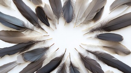 The center is empty, a number of feathers are arranged in a circle, creating a beautiful pattern. The feathers are colorful, showing the natural beauty of the harmonious arrangement.