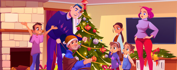 Man catch and tie up robber in home living room on Christmas. Cartoon vector illustration of confused and scared family with mother, father and children in house with Xmas tree and gift boxes.
