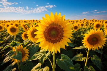 A Field of Sunflowers Blooming Under a Blue Sky