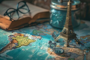 A Miniature Eiffel Tower on a World Map with a Compass and Glasses, Symbolizing Travel and Exploration.