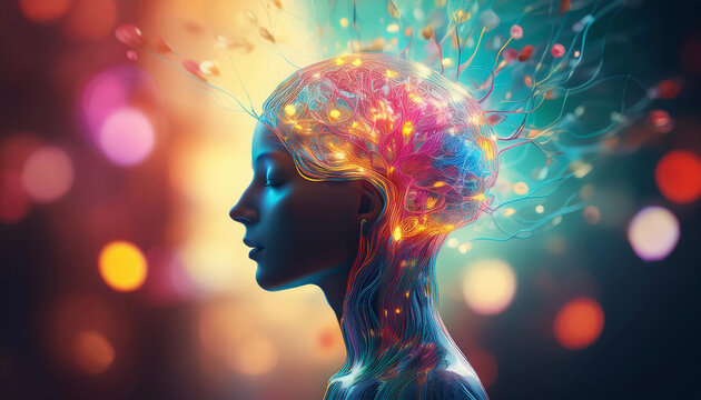 perfil lateral de una cabeza humana y cuello con una representaci&oacute;n art&iacute;stica y vibrante del cerebro. como si estuviera explotando con ideas o creatividad