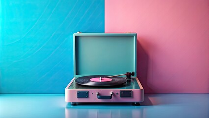 Retro vinyl player standing on a blue pink pastel background, retro, vinyl player, turntable, vintage, music, analog, record player
