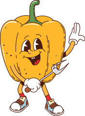 Bell pepper retro groovy barbeque grill character. Isolated cartoon vector ripe, yellow vegetable personage with bbq fork and cute face, exhibits playful and positive expression during barbecue party