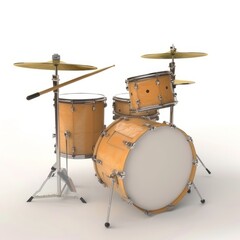 3D Render, Low Poly style of a drum kit with a bass drum, snare, and cymbals, on isolated white background