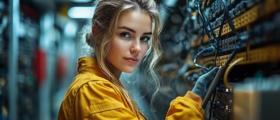 A young woman in a yellow jumpsuit works on a complex electrical system.